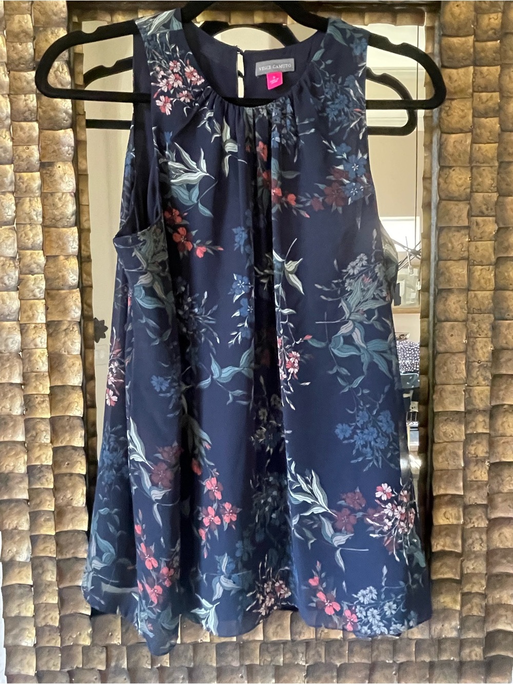 Vince Camuto Navy Floral Sleeveless Swing Top with Pink & Teal Accents Size S
